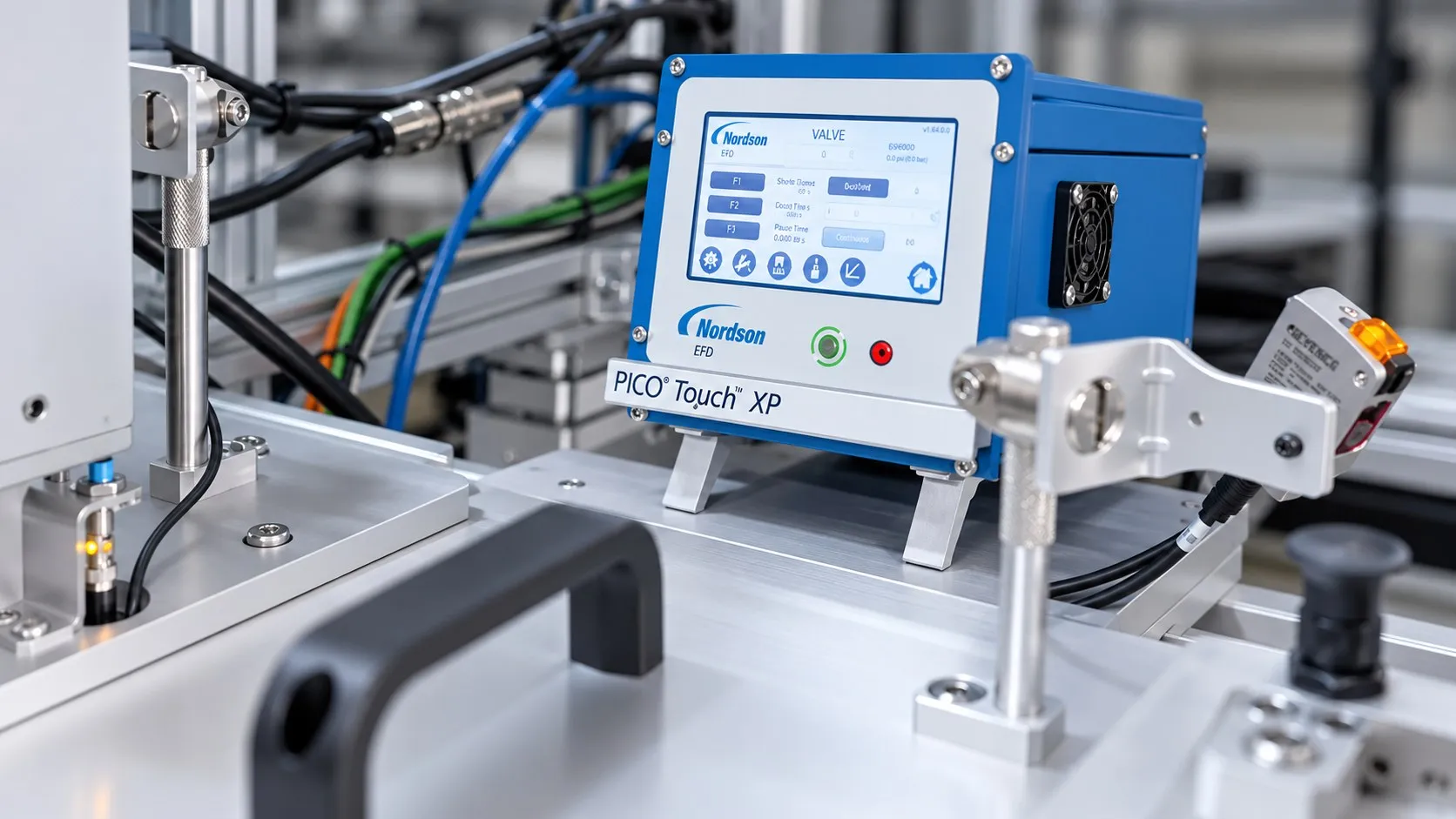 Controlador de dosificación Nordson sobre un fixture de ensamble