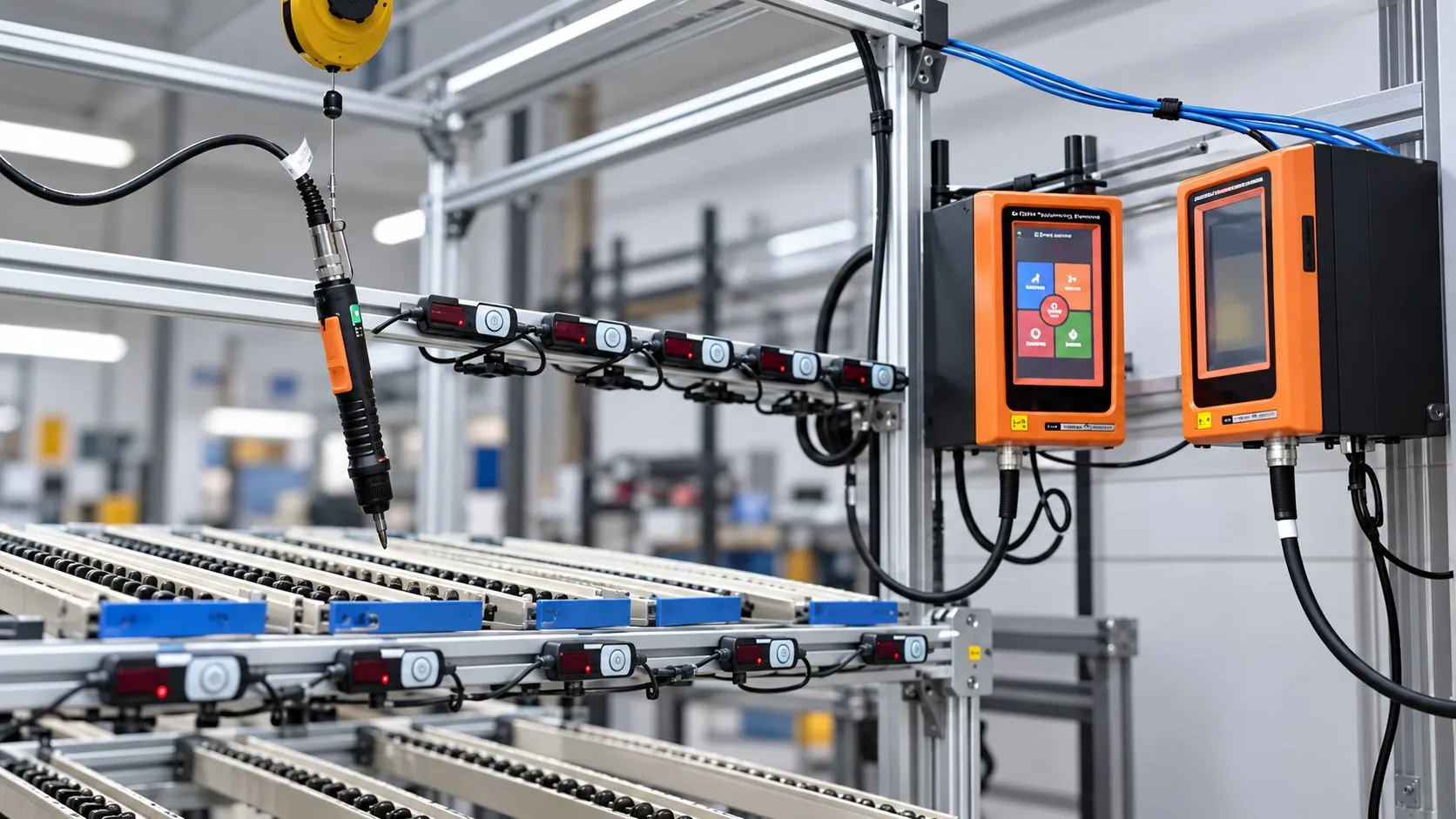 Estación de atornillado con controladores de torque y racks de flujo en el taller de INTESA