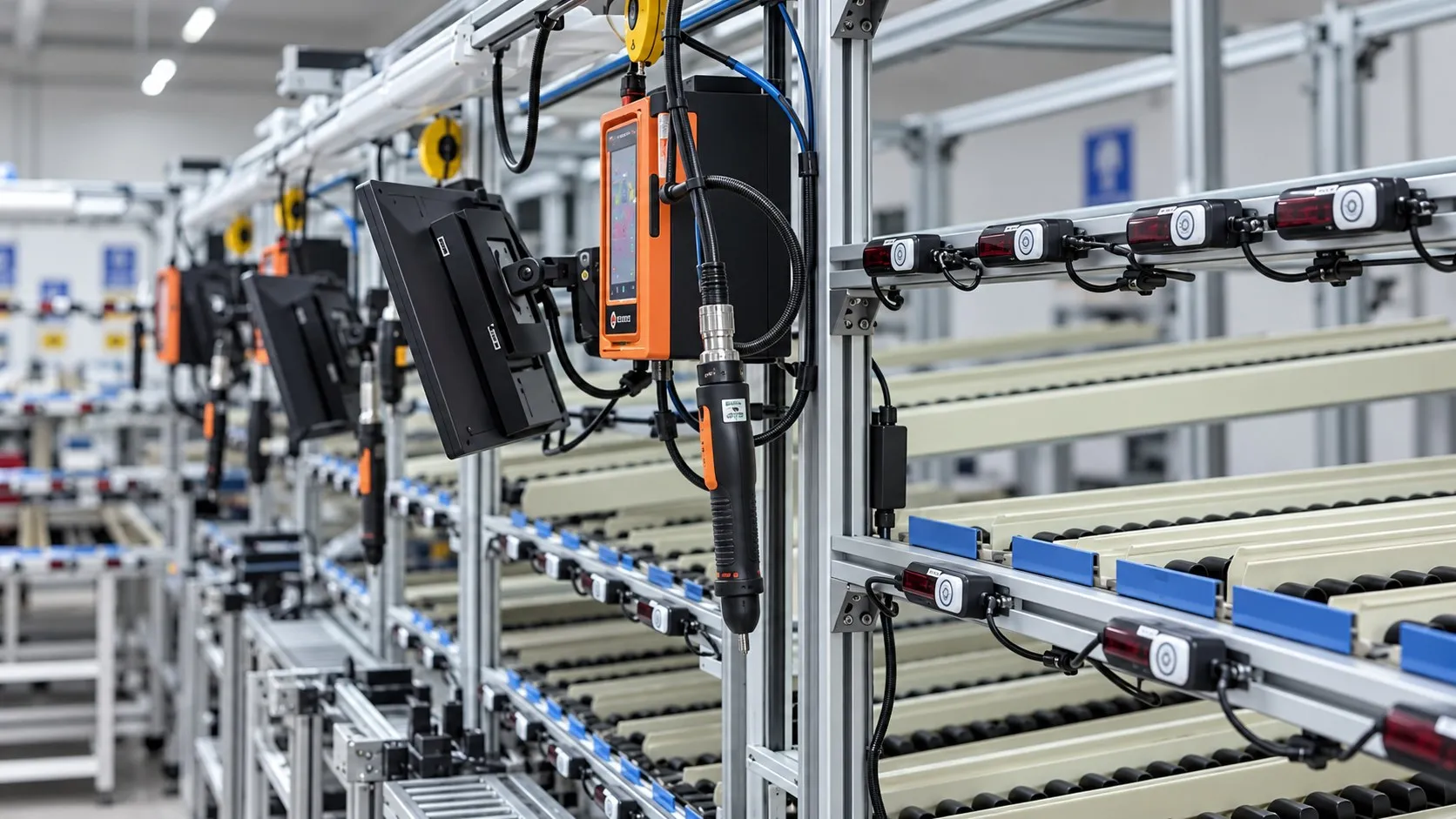 Línea de ensamble con pantallas de operación, controladores de torque y racks de flujo
