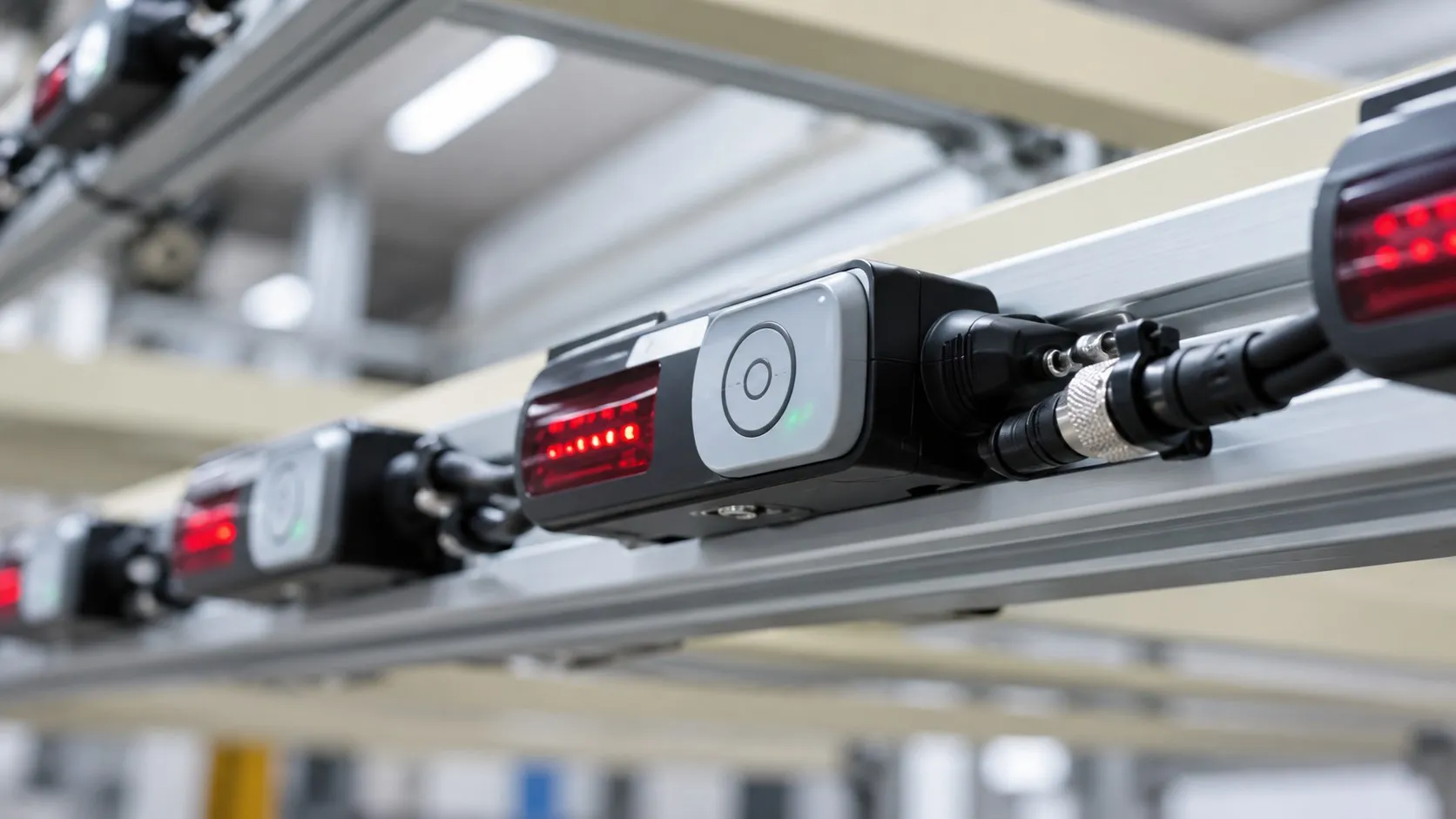 Indicador pick-to-light con display rojo montado en el riel de un rack de surtido