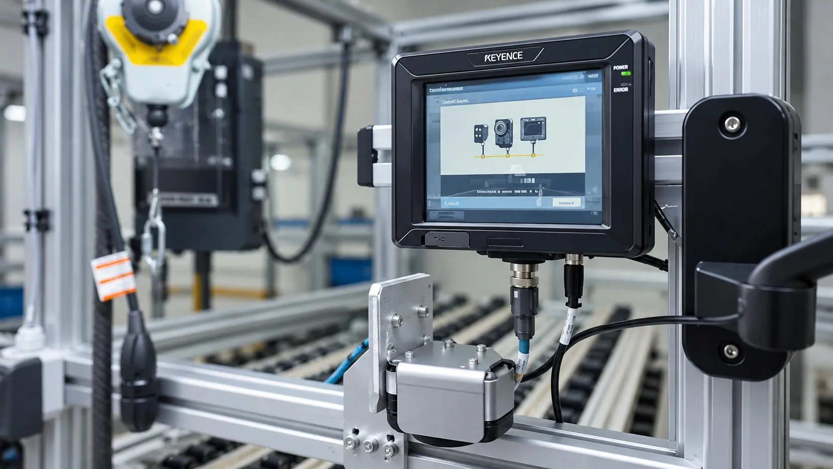 Monitor del sistema de visión Keyence montado en una estación de ensamble